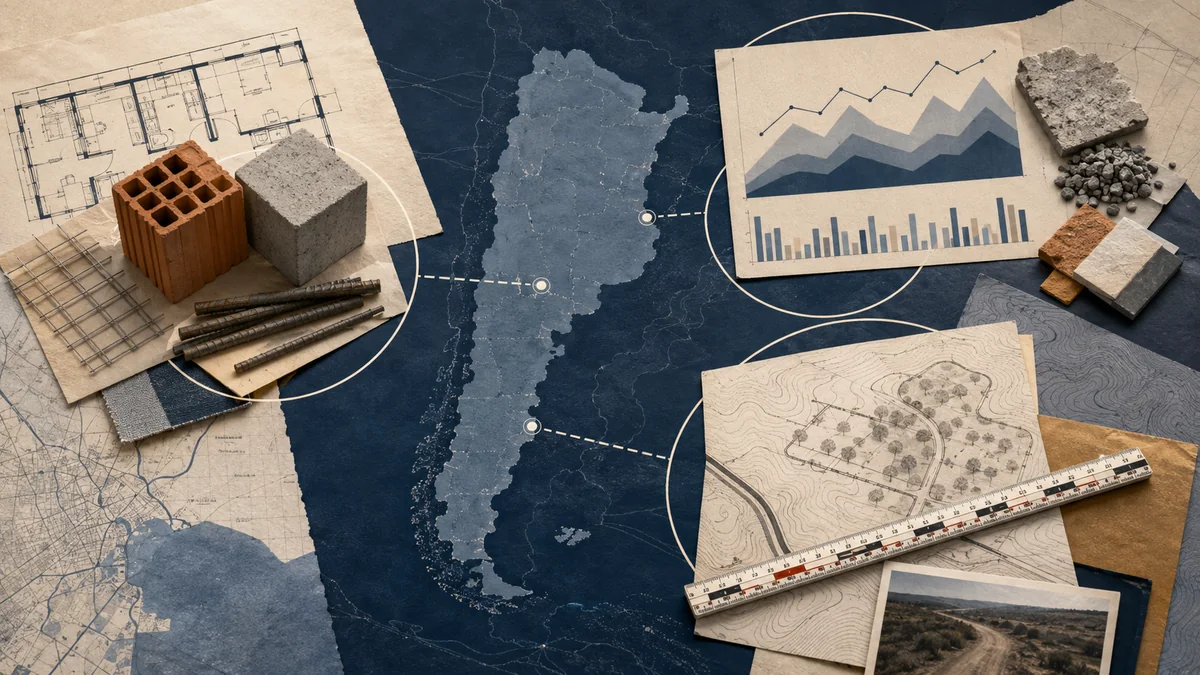 Collage editorial de mapa argentino, materiales de obra, gráficos de actividad y plano de un sitio rural
