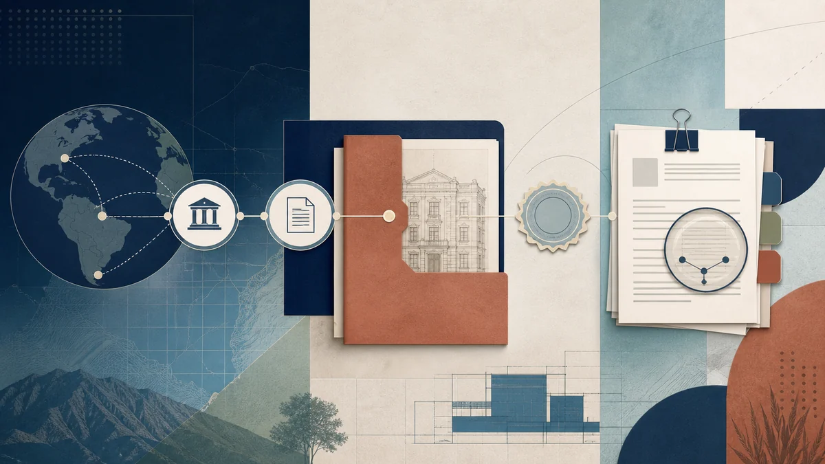 Cadena editorial de evidencia que conecta transferencia internacional, banco, legajo inmobiliario, control notarial y documentos de origen