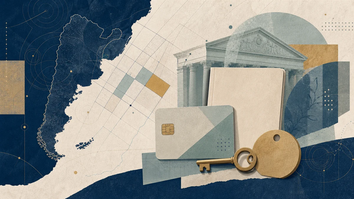 Editorial collage of a blank identity booklet, unbranded bank card and key over an Argentina map