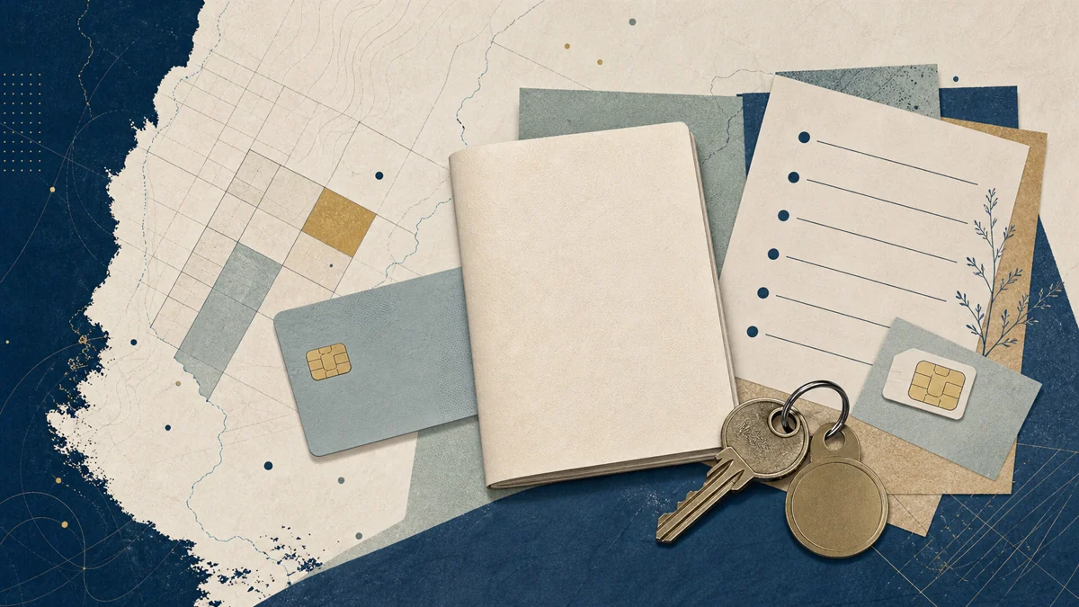 Editorial collage of blank identity documents, a bank card, SIM card and apartment keys over an Argentina map