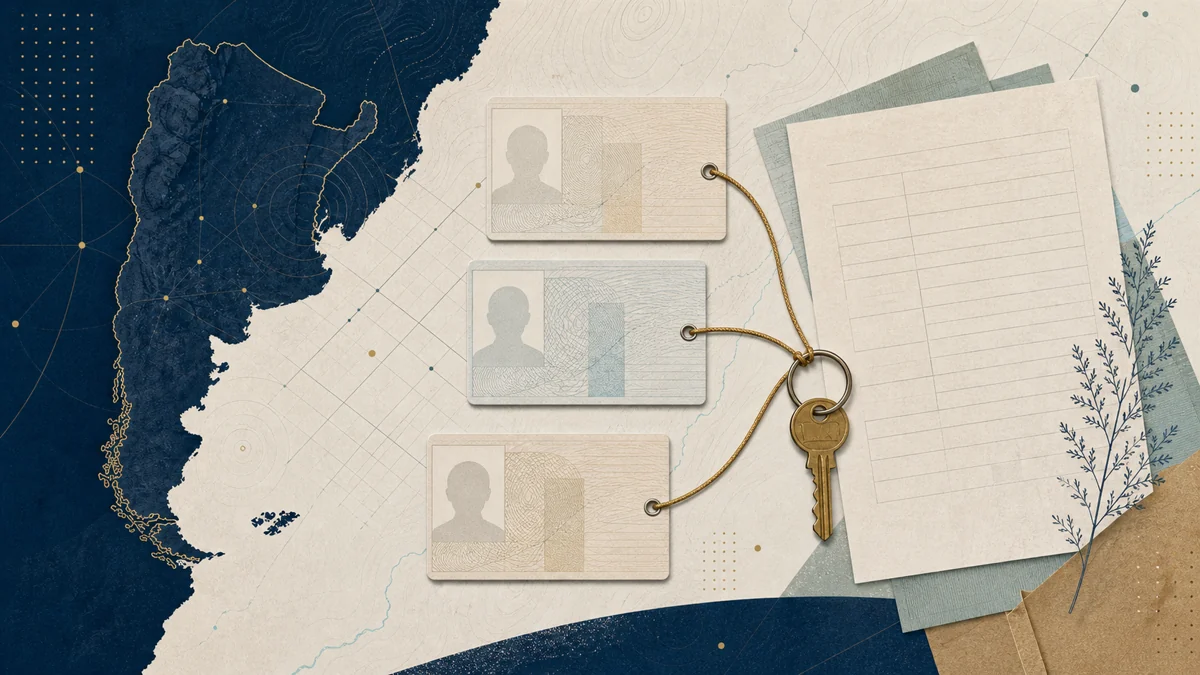 Editorial collage of three blank identity cards linked to property keys and an Argentina map
