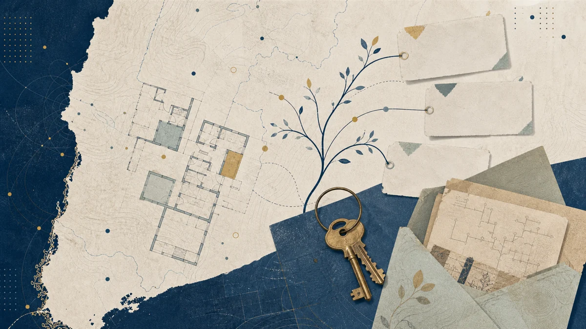 Editorial collage of an apartment plan, branching family records, archival papers and property keys in Argentina