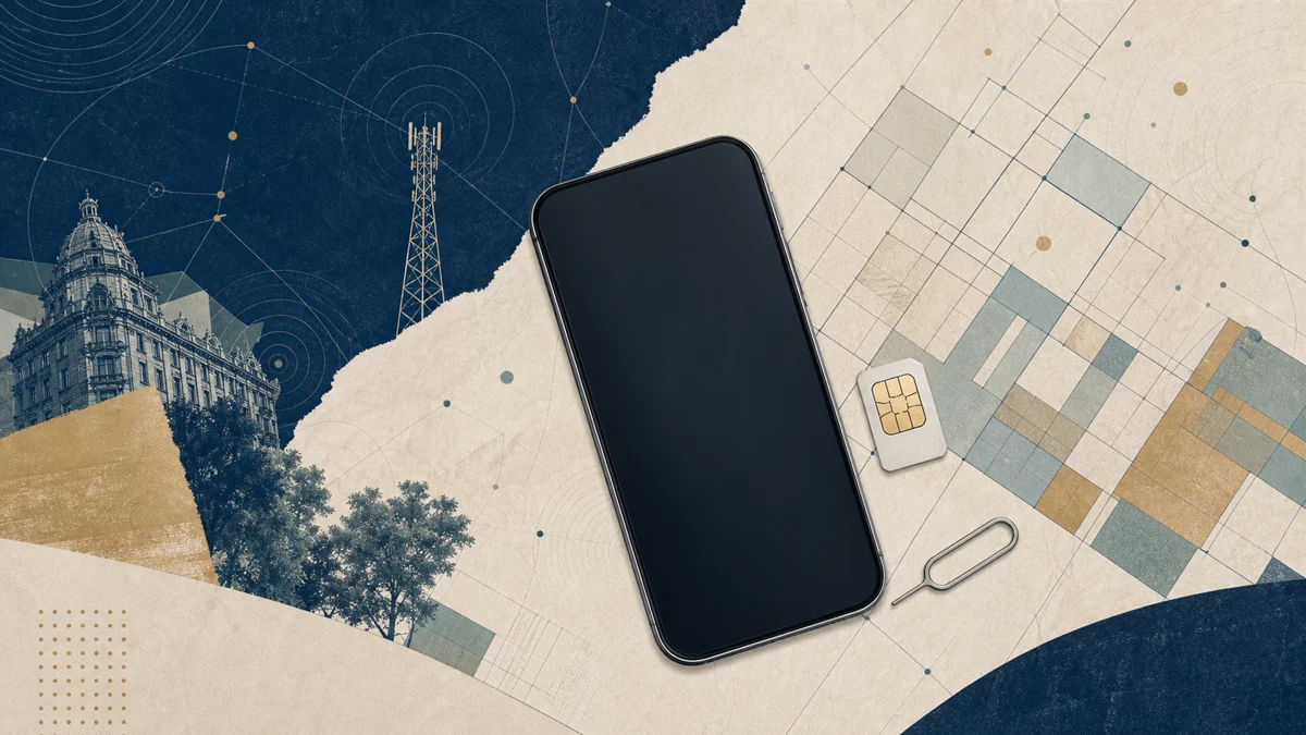 Editorial collage of an unbranded phone, SIM card and network lines over a Buenos Aires street grid