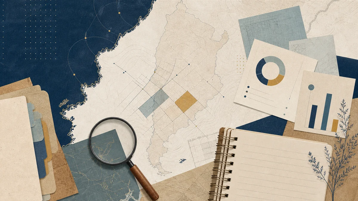 Editorial Argentina property news desk with source files, charts, notebook and magnifying glass