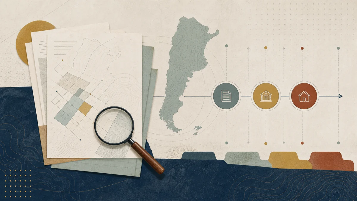 Editorial collage of official-source papers, an Argentina map, a magnifying glass and regulatory status markers