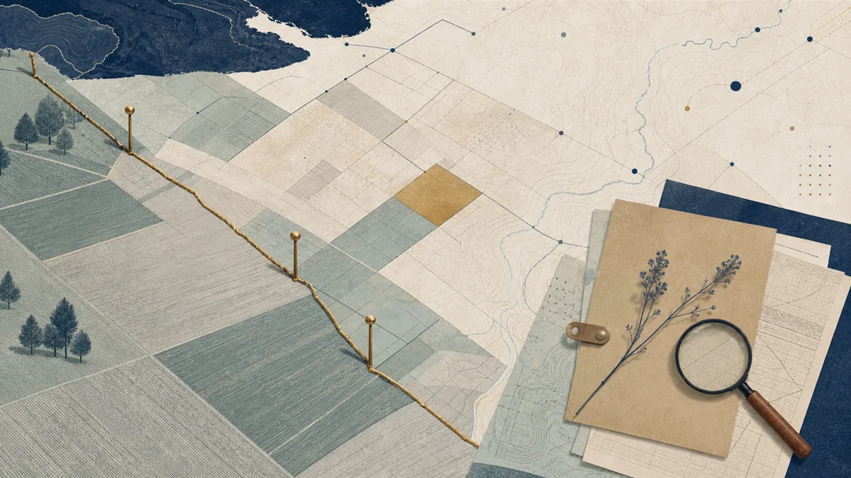 Editorial collage of rural parcels, a marked boundary, source papers and a magnifying glass in Argentina