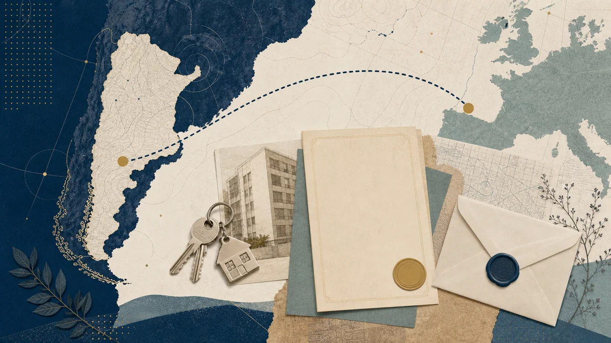 Editorial collage connecting Argentina and Europe with property keys, blank documents and a sealed envelope